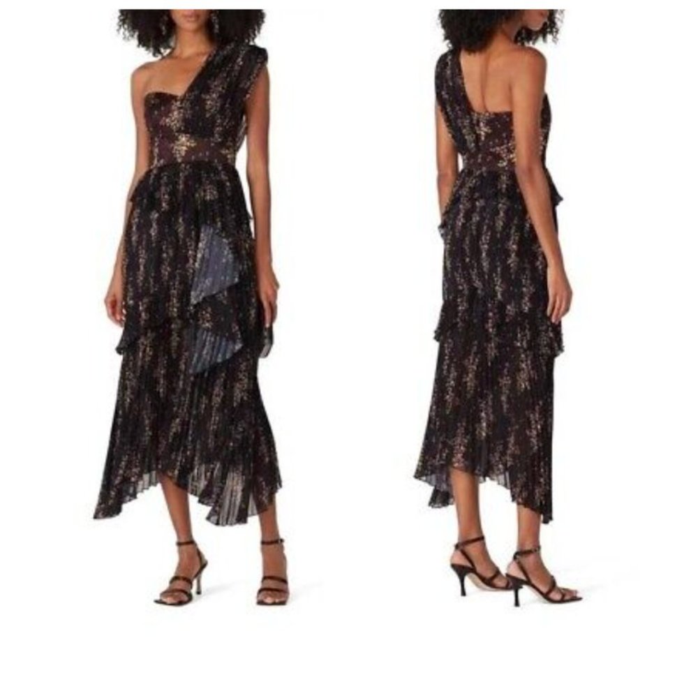 AMUR Asymmetric Black Floral One Shoulder Dress Sz 2 RTL $598